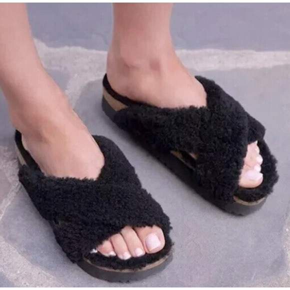 Birkenstock Black Fuzzy Sandals - Picture 1 of 5
